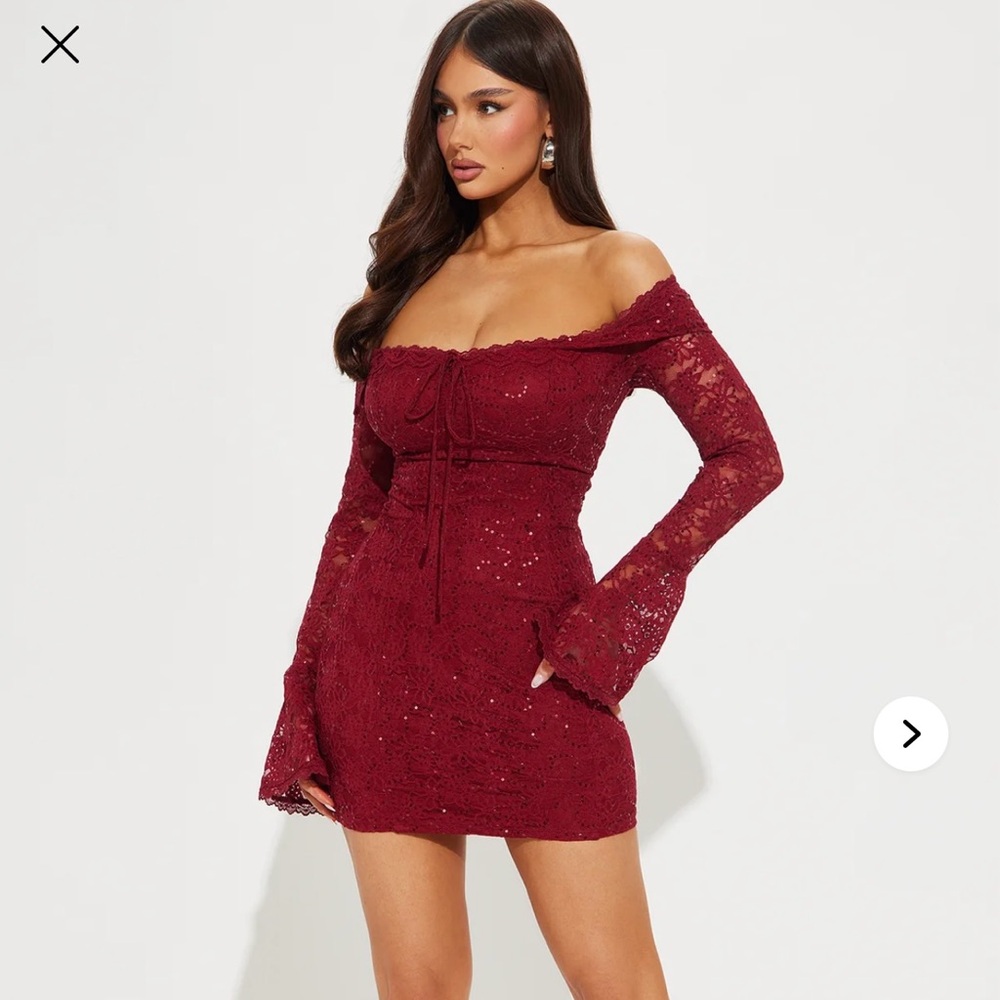 Red sequin Lace Off-Shoulder mini Dress